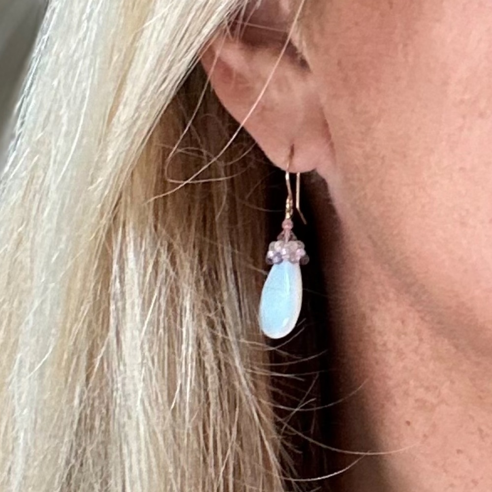 Exquisite Miguel Ases opal lite drop earring on French hook, with jewelry pouch